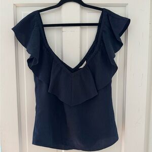 Rebecca Taylor Navy Blue Jacquard Ruffle V Neck Sleeveless Tank Top Blouse Sz 4
